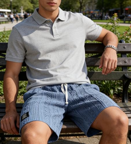LOVESHOOT Shorts for Men Casual Summer Drawstring Elastic Waist Beach Short Loose Fit Jacquard Texture with Side Pockets White L
