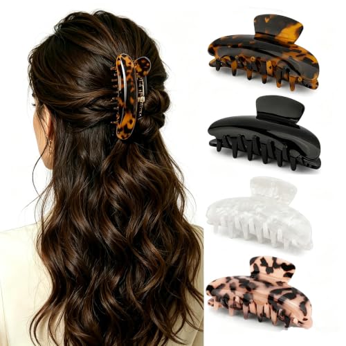 4 PCS Premium Durable Hair Claw Clips, Medium Acetate Tortoise Shell Leopard Celluloid Non-Slip Strong Grip Jaw Clips, Fashion Strong Grip Banana Hair Clips for Women Thin Thick Hair(3.74 x 2 in)