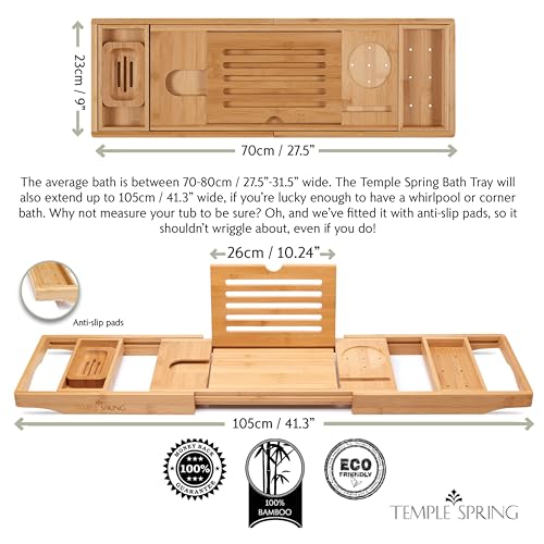 Temple Spring Bamboo Bathtub Tray Caddy for Tub — Expandable Wood Bath Tray with Solid Book Stand Wine Holder and Non-Slip Pads — Includes Bamboo Soap Dish and Spa Accessories — Luxury Bath Gift Set