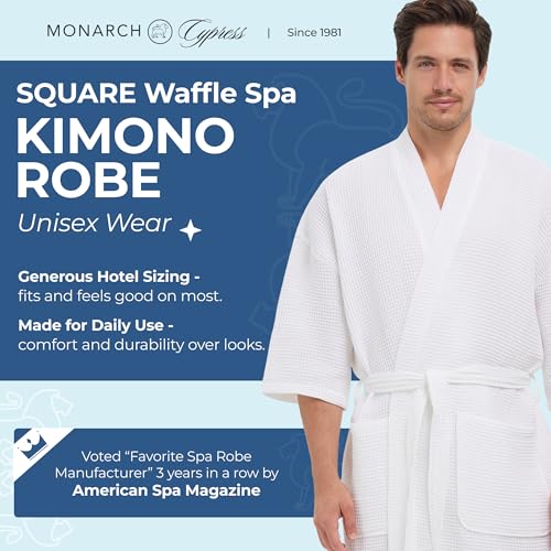 MONARCH Square Waffle Spa Kimono Robe for Men or Women (Large, White)