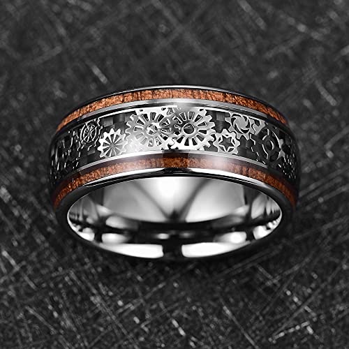 10mm Silver Tungsten Rings for Men Steampunk Gear & Wood Inlay Size 14