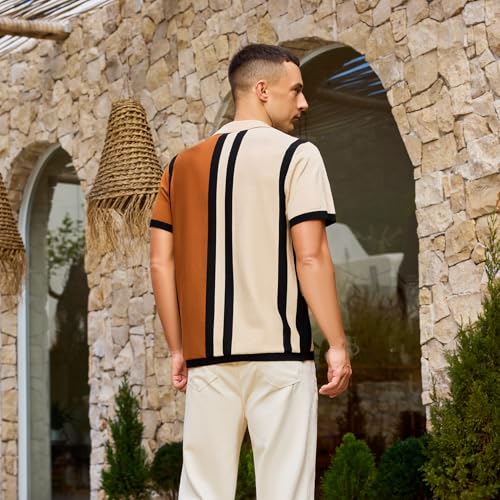 Men's Fashion Knit Polo Shirts Vintage Striped Knitting Shirts Ribbed Slim Fit Golf Shirts Deep Apricot
