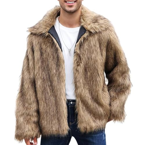 Gihuo Faux Fur Coat Winter Jackets for Men Mens Winter Coats Faux Fur Jacket Warm Fluffy Furry Trench Fake Fur Jacket (Brown-M)