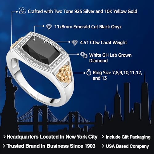 Gem Stone King 4.51 Cttw Black Onyx and White Lab Grown Diamond Ring For Men | 925 Silver and 10K Yellow Gold | Emerald Cut 11X8MM| Size 10