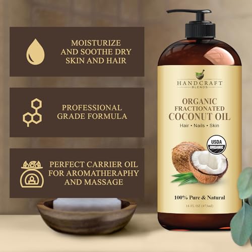 Handcraft Blends Organic Fractionated Coconut Oil | 100% Pure and Natural | Bath & Body Oil | Premium Grade Carrier Oil | Skin | Hair | Body | Massage | Hexane-Free | 16 Fl Oz