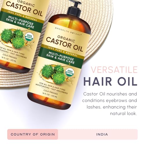 Brooklyn Botany Cold-Pressed Organic Castor Oil | 16 Fl Oz | Hair | Face | Body | 100% Pure and Natural | Carrier Oil | Aromatherapy | Massage | Ayurvedic Hair Care | Hexane-Free