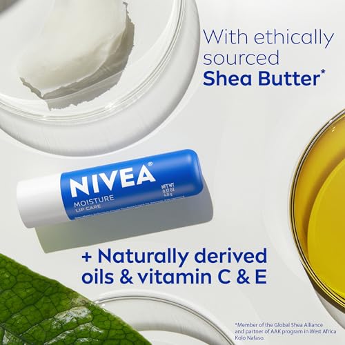 NIVEA Moisture Lip Care, Hydrating Lip Balms with Shea Butter, 4 x 0.17 OZ