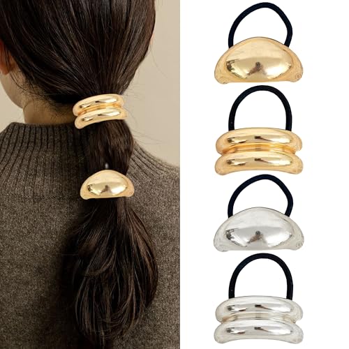 Metal Ponytails Hair Cuffs Gold & Silver Ties, Geometric Elastic Fashion Glossy Arch Accessories for Women 4PCS