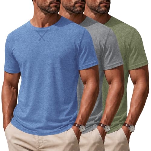 Poriff 3-Pack Men's Summer Short Sleeve Shirts, Breathable Muscle Tee, Athletic Fit Active Wear Training T-Shirts with V-Notch Neckline XXL