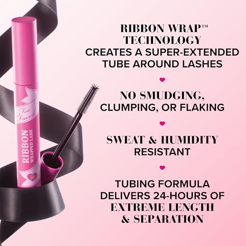 Too Faced Ribbon Wrapped Lash Mascara | Extreme-Length Tubing Mascara + 24-Hour Volume & Curl | Flake-Resistant, Smudge-Proof, Clump-Free Formula, Lash Extension Effect, Black, 0.27 Fl Oz