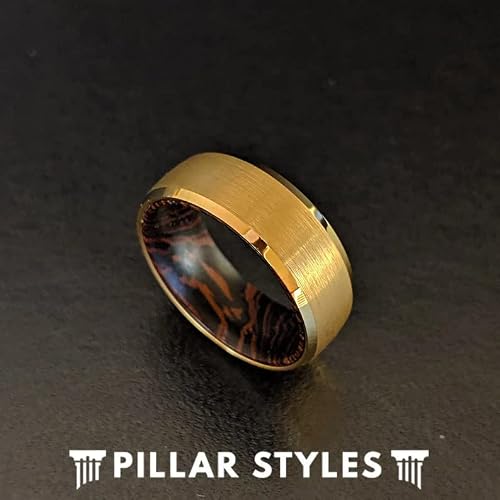14K Gold Ring with Wenge Wood Tungsten Rings for Men Wedding Bands Yellow Gold Wedding Rings for Men with Wooden Inlay