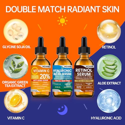 3 Pack Face Serum Skin Care Set-Includes Vitamin C, Hyaluronic Acid & Retinol Serums for Face-Brightening, Anti-Aging,Hydrating Facial Serums-AM, PM & All-Day Skincare Routine