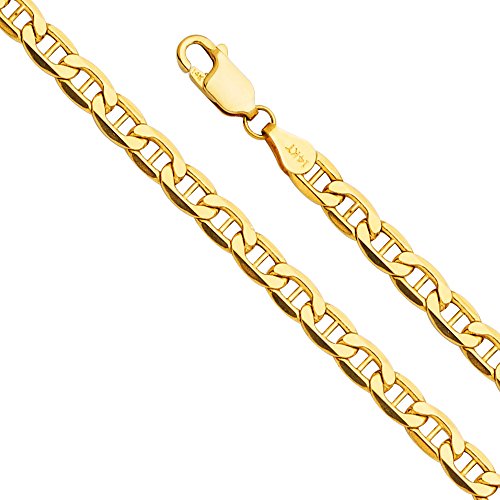 14k REAL Yellow Gold 6mm Men's Hollow Bevelled Mariner Bevel Chain Bracelet with Lobster Claw Clasp - 8"