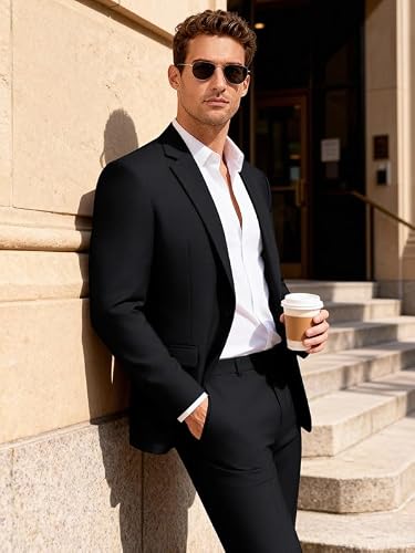 MAGE MALE Mens 2 Piece Suit Slim Fit Solid Wedding Prom Tuxedo Suit with One Button Notch Lapel Blazer and Pants Black