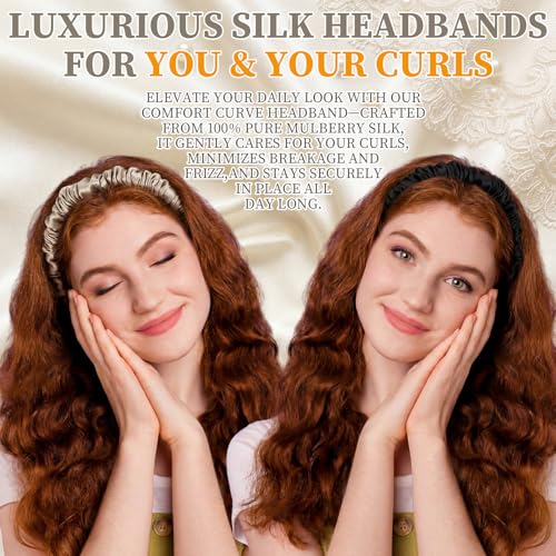 Rivvlive 2 Pcs Silk Headband for Women – 100% Pure Mulberry Silk Hair Accessory, Wide No-slip No-headache Design for Women and Girls, Stylish Look for Curly & Textured Hair, Fashion Birthday Gifts