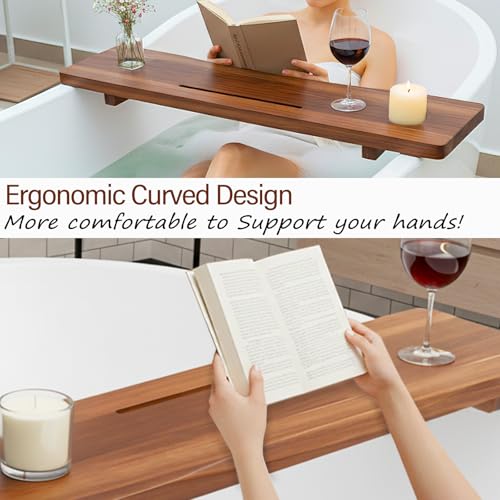 Acacia Wood Bathtub Tray Caddy, 35" L Adjustable for Freestanding Tub