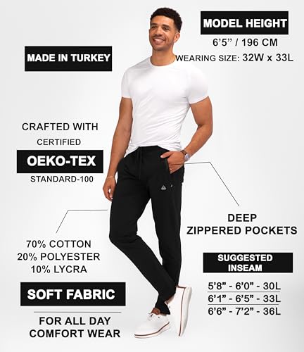 SCR SPORTSWEAR Mens Tall Sweatpants Made in Turkey - Luxury Tall Joggers for Men with Zipper Pockets and Drawstring Elastic Waist - Athletic Lounge Pants, Cotton, Tapered, Medium, 32Wx33L (Black)