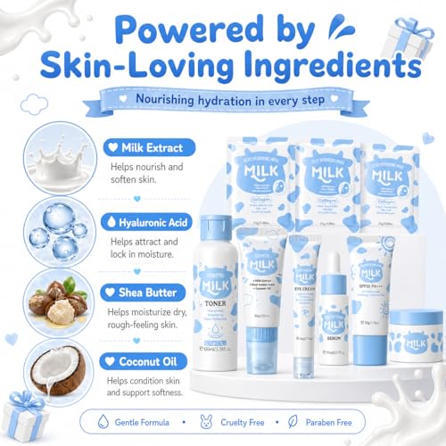 Milk Skincare Set For Women & Girls, Hydrating Milk Skin Care For Teens 10-12, Complete Gift Set Skin Care For Kids, Skincare For Girls 10-12, Self Care Beauty Gift For Her, Mothers Day Gifts Set