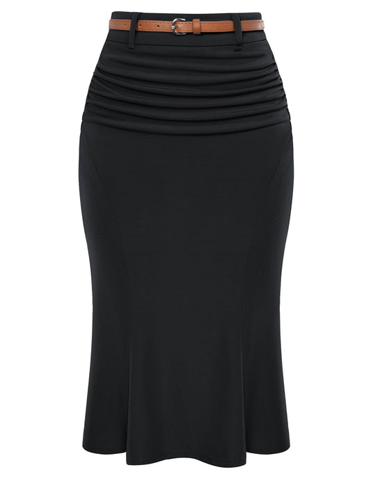 Belle Poque Womens Elegant Ruched Pencil Skirt Black High Waist Midi Business Skirts with Belt L
