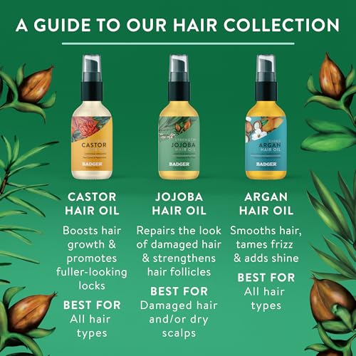 Badger Organic Jojoba Hair Oil & Dry Scalp Treatment, Soothing & Moisturizing Itchy Dry Scalp Oil, Rosemary Hair Oil, Organic Jojoba Oil Hair & Scalp Moisturizer, 2 fl oz Glass Bottle