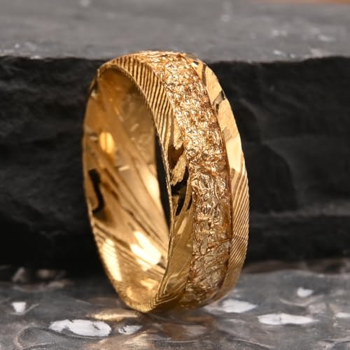 Concept Knight Gold Damascus Steel Rings for Men Hammered Mens Wedding Band
