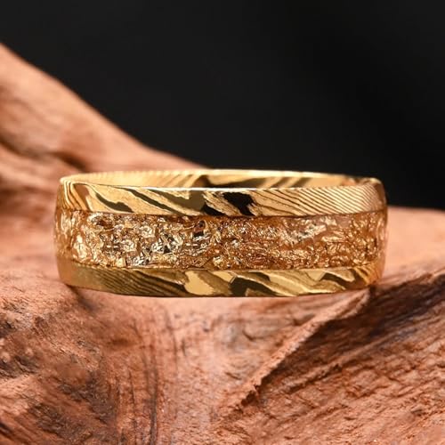 Surhel Damascus Steel Ring Gold Plated with Gold Foil Men's Ring (Golden,11)