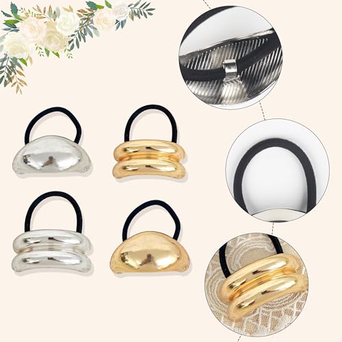 Metal Ponytails Hair Cuffs Gold & Silver Ties, Geometric Elastic Fashion Glossy Arch Accessories for Women 4PCS