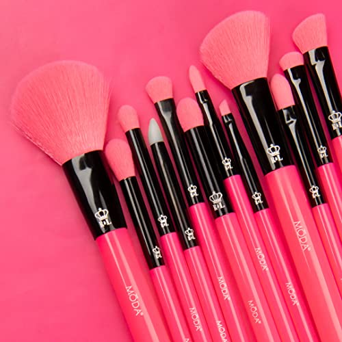MODA Neon Pink Makeup Brush Set, 12pc Colorful Face & Eye Brushes, Vegan