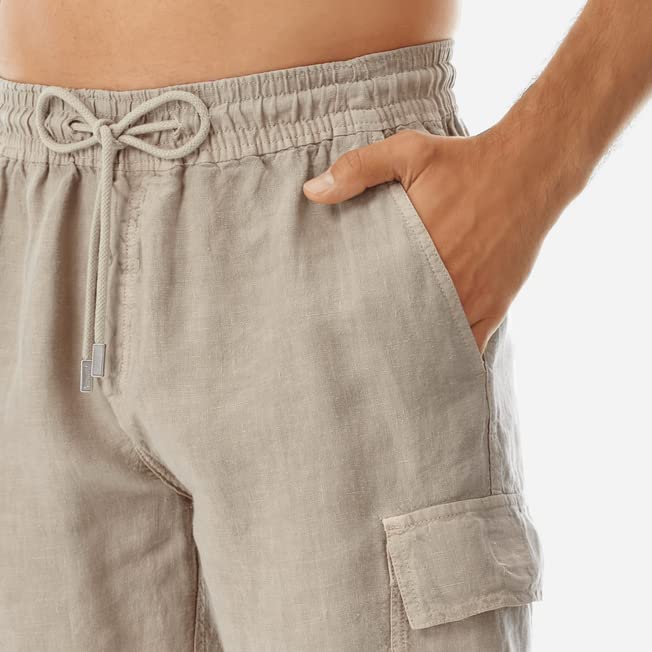 Vilebrequin Men Linen Bermuda Shorts Cargo Pockets, S, Safari