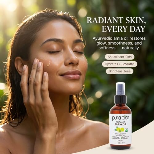 PURA D'OR 4 Oz ORGANIC Amla Oil, 100% Pure USDA Certified Premium Grade, Cold Pressed, Unrefined, Extra Virgin, Hair Serum & Thickening Hair Product w/Pump for Women & Men, Ayurvedic Skin Care