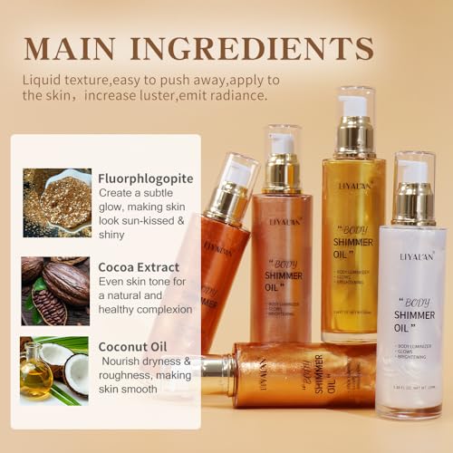 Liyalan Shimmer Body Oil 5 Color Gold 3.38 Fl Oz Face Glow Pearl Highlighter Illuminator Body Makeup Shine Glitter Gold Liquid Taning