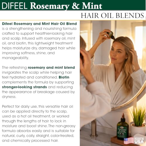 Difeel Rosemary and Mint Hair Oil Blend with Biotin 7.1 Ounce - Strengthening Scalp & Hair Treatment Oil Blend, Nourishes Dry Damaged Hair, Adds Shine & Moisture
