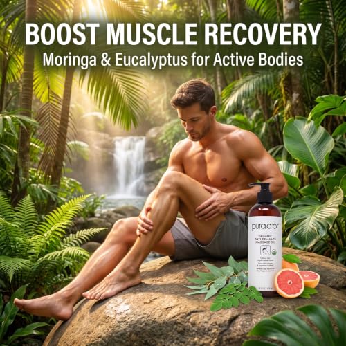 PURA D’OR 16 Oz Organic Anti-Cellulite Massage Oil for Toned Legs and Butt - Lemon Peel, Moringa, Grape Seed, Grapefruit & Eucalyptus Oils - Skin Firming & Tightening