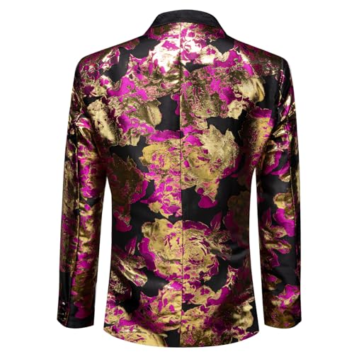 Barry.Wang Mens Gold Suit Flowers Blazer Pink Jacket Floral Jacquard Notched Lapel Tuxedo Luxury Sport Coat Anniversary Cruise Banquet