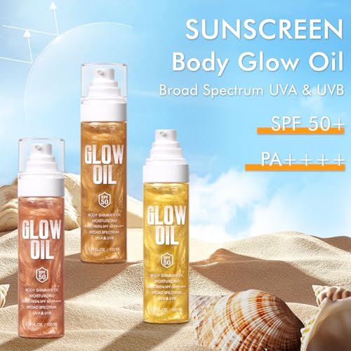 Body Glow Oil, Broad Spectrum SPF 50, Glitter Shimmer Sunscreen Body Oil Lotion with Sequin Mica, Lightweight Non-Sticky Moisturizer with Coconut, Skin Illuminator Glowing Results (01# Golden Amber)