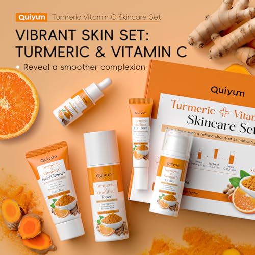QUIYUM Turmeric Vitamin C Skin Care Set, 5PCS Beauty Routine for Women