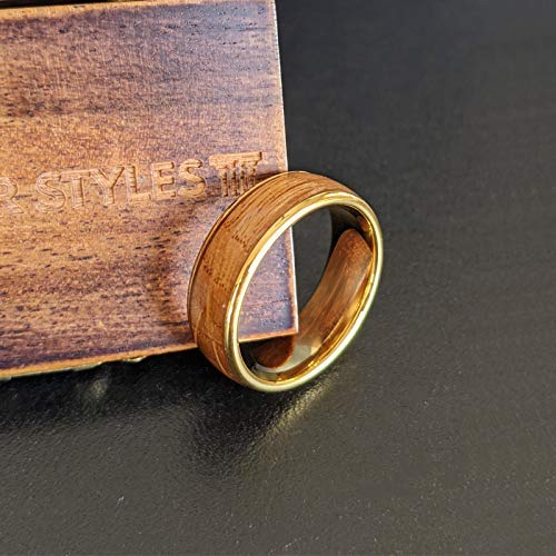 Pillar Styles 14K Gold Whiskey Barrel Wedding Bands, Rustic Elegance Bourbon Barrel Rings, Unisex Comfort Fit, 8mm Gold Tungsten & Wood Inlay for Him