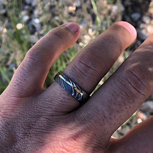 New 6mm Wide Damascus Steel Ring with 14k Solid Yellow Gold Inlay