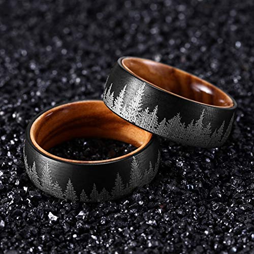 POYA TUNGSTEN Forest Rings for Men 8 mm Black Plated Wedding Band with Wood Liner Comfort Fit (7)