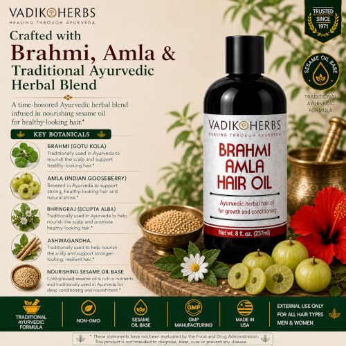Vadik Herbs Brahmi Amla Hair Oil (8 oz) Ayurvedic herbal hair growth oil and hair conditioning oil with Rosemary Oil | Great for hair loss, balding, thinning, for beard growth,scalp treatment