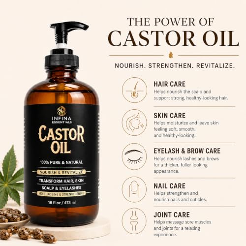 Pure Cold Pressed Castor Oil, Hexane Free Glass Bottle Unrefined, 16 fl oz