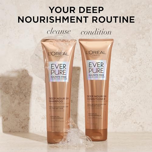 L'Oreal Paris Shampoo, Sulfate Free, Triple Action Hydration for Dry Hair, EverPure, 8.5 Fl Oz (Packaging May Vary), Damaged, Color-Treated Hair, Apricot Oil Infused, Deep Nourish