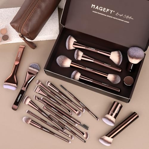 MAGEFY Makeup Brushes 26-in-20 Professional Makeup Brush Set Double-End Make Up Brushes for Powder Concealers Eye Shadows Blush Contour Foundation Brushes with Case