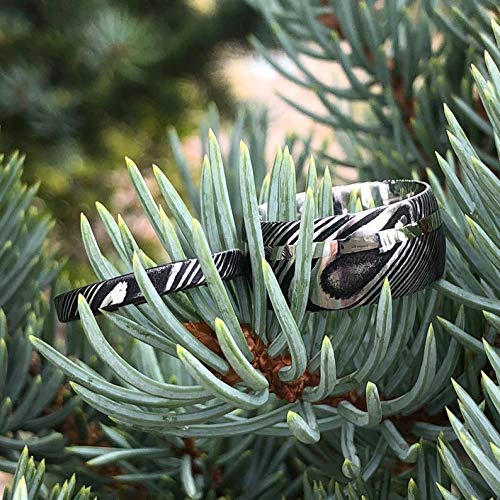 Matching Damascus Rings with 14k White Gold Inlay and Woodgrain Finish