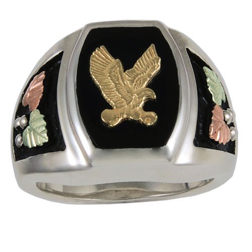 The Men's Jewelry Store 10k Yellow Bald Eagle Antiqued Ring, Sterling Silver, 12k Green and Rose Gold Black Hills Gold Motif, Size 13