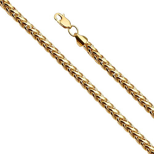 14k REAL Yellow Gold 4mm Diamond Cut Hollow Wheat Chain Bracelet with Lobster Claw Clasp - 8"