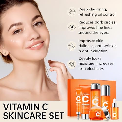 Vitamin C Skin Care Set for Women - 6PCS Skincare Gift Set With Facial Cleanser, Toner, Eye Cream, Serum, Lotion & Face Cream - Moisturizing Skin Care Kit for Anti-Wrinkle, Valentine’s Day Gift