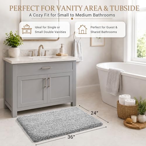 Yimobra Bathroom Rugs Non Slip Washable 36X24, Ultra Soft and Water Absorbent Bath Mats, Plush Fluffy Shower Mat Outside, Luxury Microfiber Thick Matts for Bathroom Floor/Tub, Light Gray and White