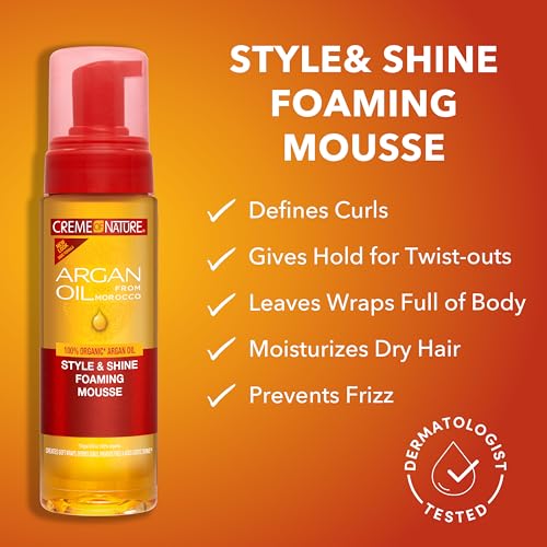 Creme of Nature Style & Shine Foaming Mousse, Defines Curls & Controls Frizz, Moisturizes Hair while Adding Shine with Argan Oil from Morocco, 7 fl oz