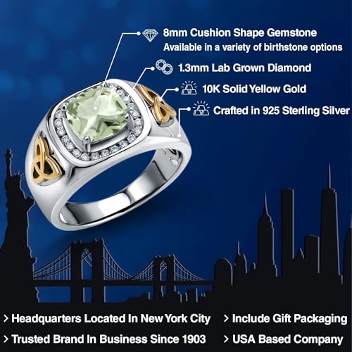 Gem Stone King 2.31 Ct Green Prasiolite and Lab Grown Diamond Men's Ring | 925 Silver and 10K Yellow Gold | Cushion Cut 8MM | Gemstone Birthstone | Available in Size 7, 8, 9, 10, 11, 12, 13 | Size 7
